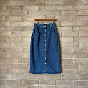 vintage 80s 90s button front denim midi skirt